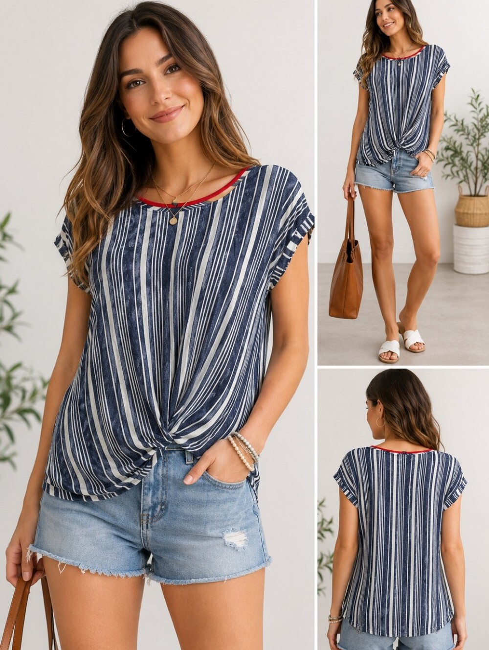 Striped Twist Front Top Short Sleeve Blue White Blouse Casual Lightweight Sz. M